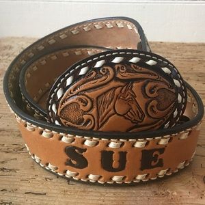 A Belt Named Sue: Vintage Hand-Tooled Stitched Western Leather Belt Horse Buckle